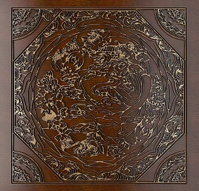 Intricate Traditional Wooden Carvings With Floral And Animal Motifs On Decorative Panel 3d model