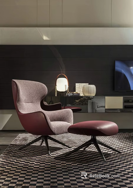 Purple Single Sofa Chair in Modern Living Room with Dark Red Footstool Fabric High Backrest 3d model 