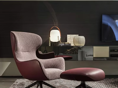 Purple Single Sofa Chair in Modern Living Room with Dark Red Footstool Fabric High Backrest 3d model