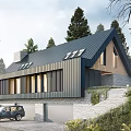 Modern Detached House with Black Roof Large Windows Stone Chimney Surrounded by Trees and Grass