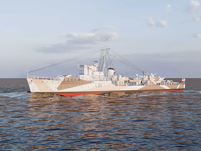 White Warship With Red Bottom Sailing On The Sea Under Clear Sky 3d model