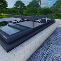 Detached Villa With Modern Glass Roof Skylights Surrounded By Trees And Stone Pavement