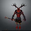Red Skinned Man With Large Antlers Glowing Patterns And Chain Holding Flaming Staff