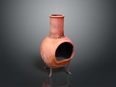 Handcrafted Traditional Red Ceramic Stove With Metal Stand And Open Front Design 3d model