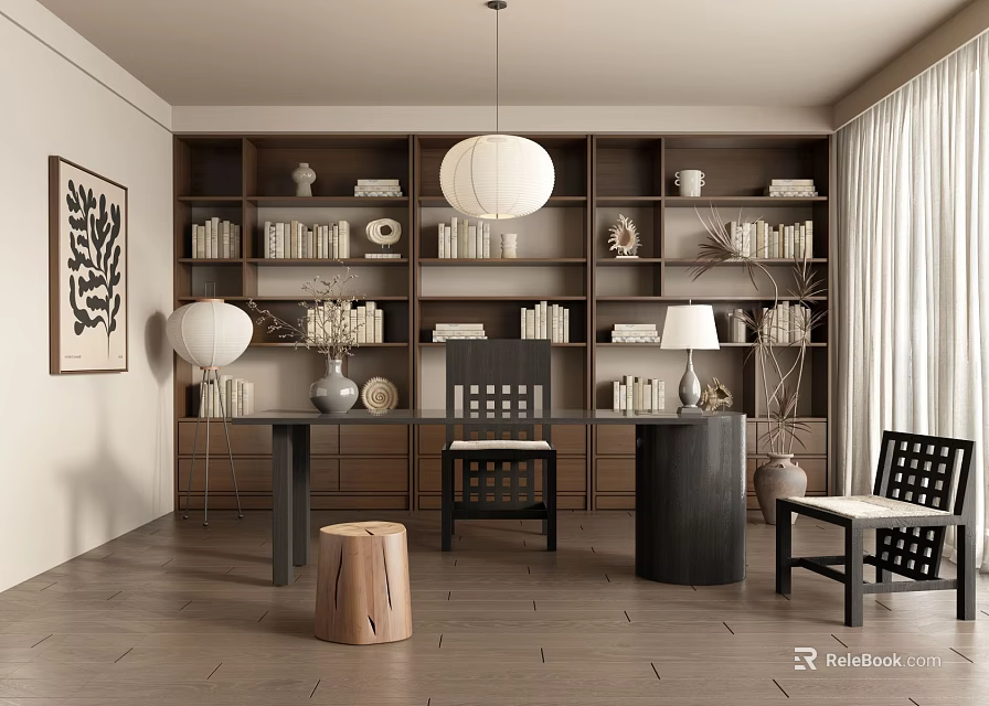 Home Study Room With Wooden Bookshelves Books Pendant Light Table Chairs And Decorative Painting 3d model 