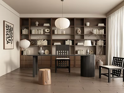 Home Study Room With Wooden Bookshelves Books Pendant Light Table Chairs And Decorative Painting 3d model