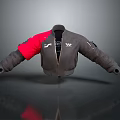 Gray Bomber Jacket With Red Sleeve Zipper Closure And Branded Patches