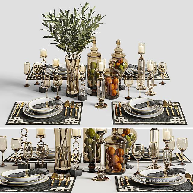 Elegant Golden Dinnerware Set With Black Placemats Candle Holders And Fruit Jars 3d model 