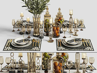 Elegant Golden Dinnerware Set With Black Placemats Candle Holders And Fruit Jars 3d model