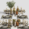 Elegant Golden Dinnerware Set With Black Placemats Candle Holders And Fruit Jars