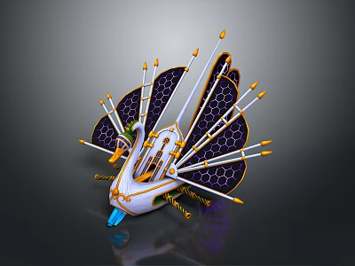 Unique Water Vehicle Design Featuring Fan Shaped Structures Honeycomb Patterns Decorative Arrows And Blue Hull 3d model