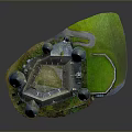 Medieval Stone Castle Architecture With Multiple Pointed Roof Towers And Green Lawn
