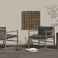 Modern Lounge Chairs with Wooden Frame and Woven Design Accent Wall Art and Branch Vase