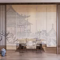 Chinese Traditional Curtain with Classical Architecture Landscape Pattern in Wooden Frame Interior with Vases