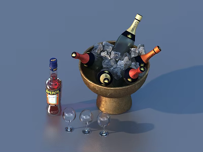 Gold Ice Bucket With Ice Cubes Wine Bottles Liqueur Bottle And Wine Glasses 3d model