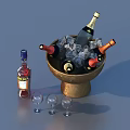 Gold Ice Bucket With Ice Cubes Wine Bottles Liqueur Bottle And Wine Glasses