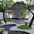 Modern Garden Courtyard Design With Trees Lawn Stone Path And Bamboo Screen 3d model