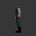 Muscular Man Wearing Blue Sleeveless Top Helmet White Skull Belt and Black Boots
