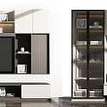 Modern TV Background Cabinet With White Gray Cabinets Glass Shelves And LED Lighting