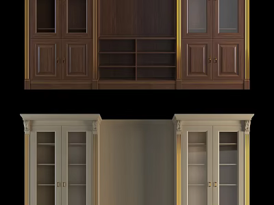 Dark Brown And Light Colored TV Cabinet With Glass Doors Open Shelves And Gold Accents 3d model