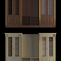 Dark Brown And Light Colored TV Cabinet With Glass Doors Open Shelves And Gold Accents