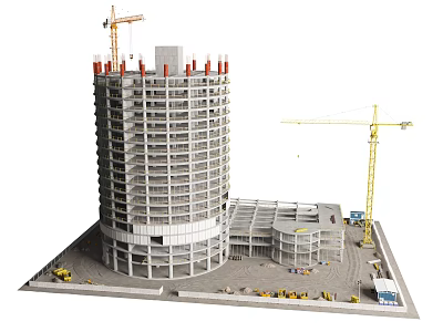Detailed Construction Model of High Rise Building With Crane And Construction Vehicles 3d model