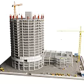 Detailed Construction Model of High Rise Building With Crane And Construction Vehicles
