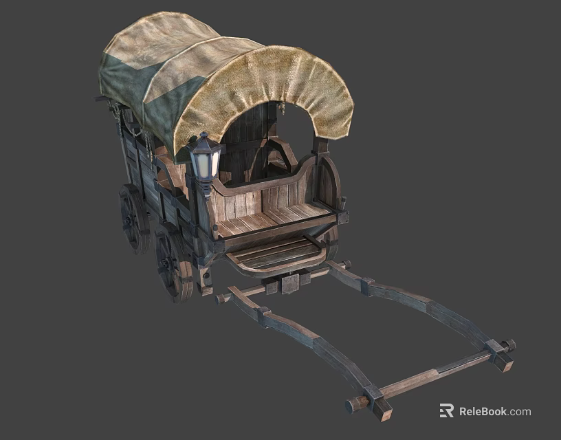 Vintage Horse Carriage with Canvas Canopy Wooden Structure Wheels and Metal Hitch 3d model 