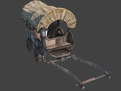 Vintage Horse Carriage with Canvas Canopy Wooden Structure Wheels and Metal Hitch 3d model