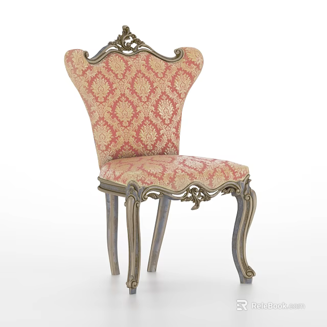 Ornate European Style Dining Chair With Gold Carved Frame Pink Damask Upholstery And Curved Legs 3d model 