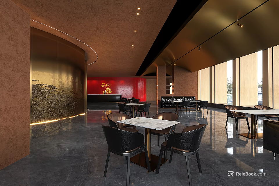 Elegant Modern Restaurant Interior With Red Walls Large Windows Marble Tabletops And Black Chairs 3d model 