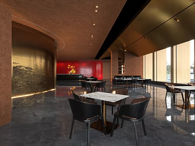 Elegant Modern Restaurant Interior With Red Walls Large Windows Marble Tabletops And Black Chairs 3d model