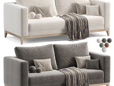 Beige And Gray Two Seater Sofas With Wooden Legs Pillows Blanket And Decorative Balls 3d model