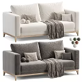 Beige And Gray Two Seater Sofas With Wooden Legs Pillows Blanket And Decorative Balls