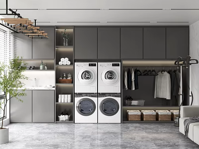 Laundry Room Interior Design With Washing Machines Dryers Clothing Racks And Storage Cabinets 3d model