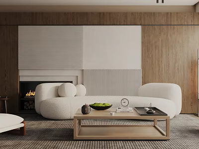 Modern Living Room Interior Design With Wooden Walls Fireplace White Sofa And Coffee Table 3d model