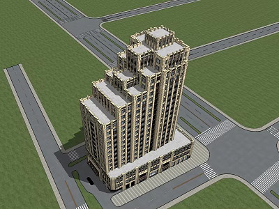High Rise Building Exterior Design With Multiple Floors And Surrounding Roads Green Areas Intersection 3d model