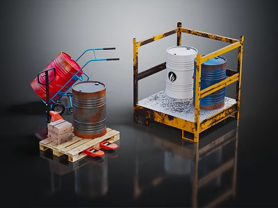 Durable Industrial Storage Equipment With Metal Drums Red Hand Truck And Yellow Racks 3d model