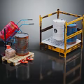 Durable Industrial Storage Equipment With Metal Drums Red Hand Truck And Yellow Racks
