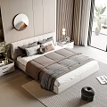 Modern Double Bed With Plush Pillows Cozy Blanket Nightstand Table Lamp Round Mirror Large Window 3d model