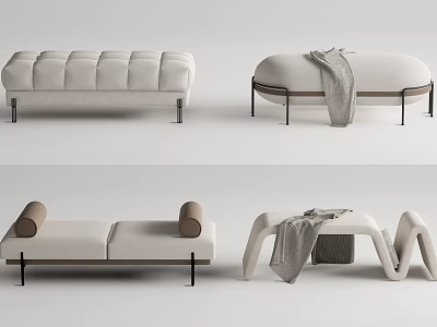 Modern Light Colored Upholstered Ottomans Featuring Metal Legs And Blanket Decor 3d model