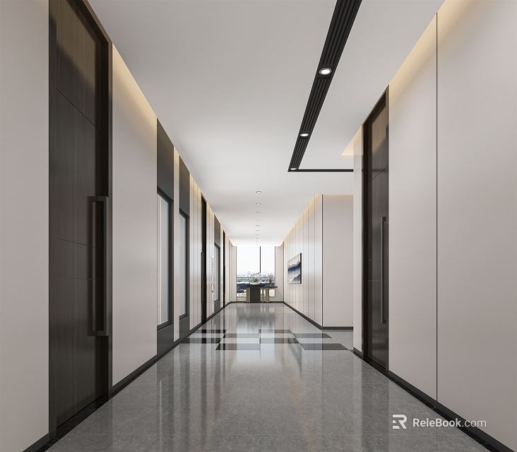 Modern Office Corridor Interior Design With Minimalist Walls And Recessed Lighting 3d model 