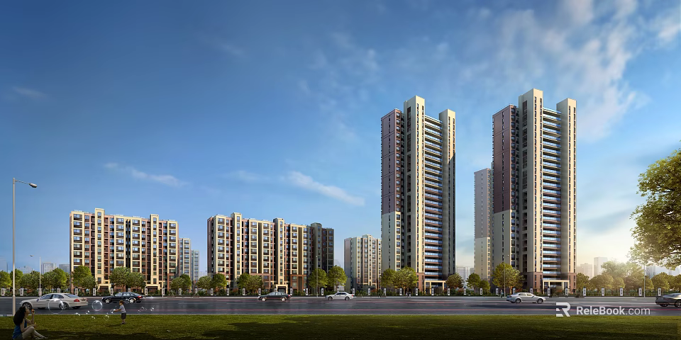 Modern High Rise Residential Buildings With Blue Sky White Clouds Green Trees Road And Vehicles 3d model 