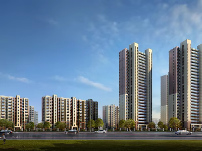Modern High Rise Residential Buildings With Blue Sky White Clouds Green Trees Road And Vehicles 3d model