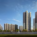 Modern High Rise Residential Buildings With Blue Sky White Clouds Green Trees Road And Vehicles