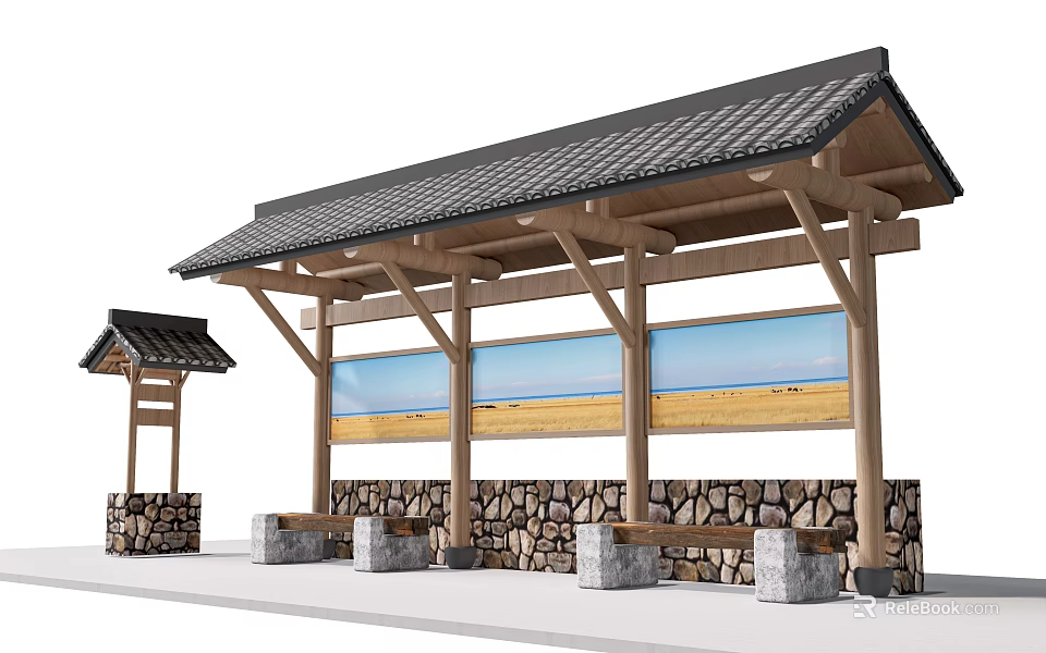 Traditional Station Exterior With Wooden Structure Tile Roof Stone Wall And Benches 3d model 