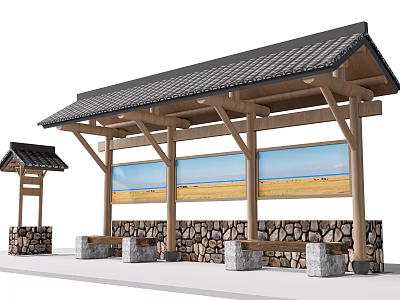 Traditional Station Exterior With Wooden Structure Tile Roof Stone Wall And Benches 3d model