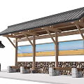 Traditional Station Exterior With Wooden Structure Tile Roof Stone Wall And Benches