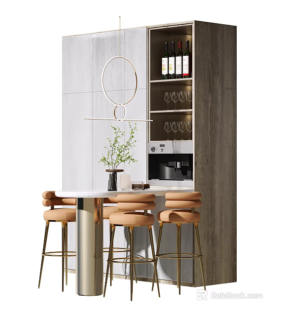 Modern Bar Interior Design With White Countertop Gold Stools And Coffee Machine 3d model