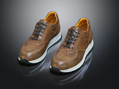 Stylish Brown Leather Sneakers with Black Laces White Sole and Orange Lining 3d model